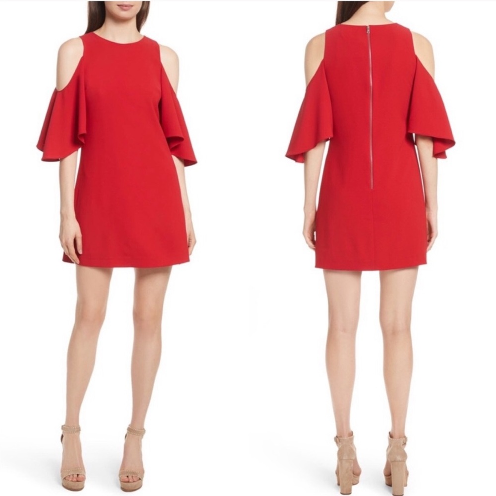 ALICE + OLIVIA Copley Cold Shoulder Ruby Red Mini Dress with Angel Sleeve size 0